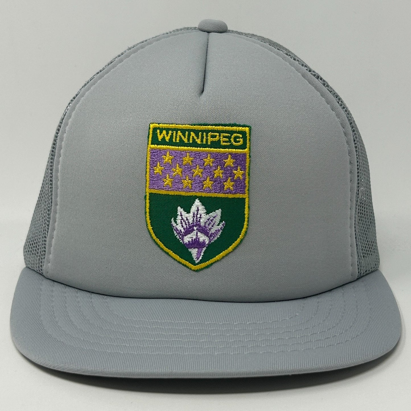 Gray Winnipeg Hat with front embroidered logo and mesh sides for breathable comfort