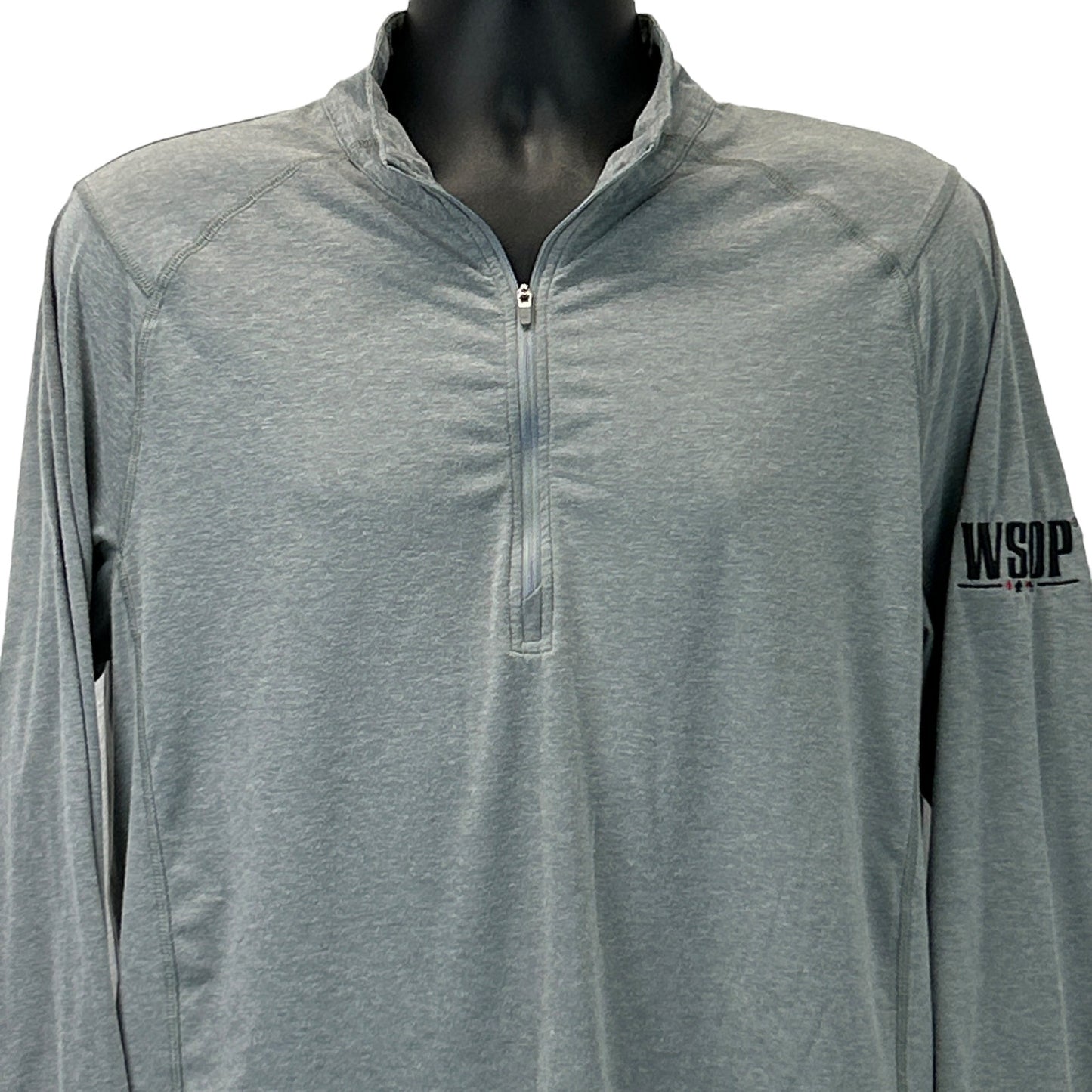 Travis Mathew WSOP Shirt in Gray with Quarter-Zip and Logo on Left Sleeve, Front View