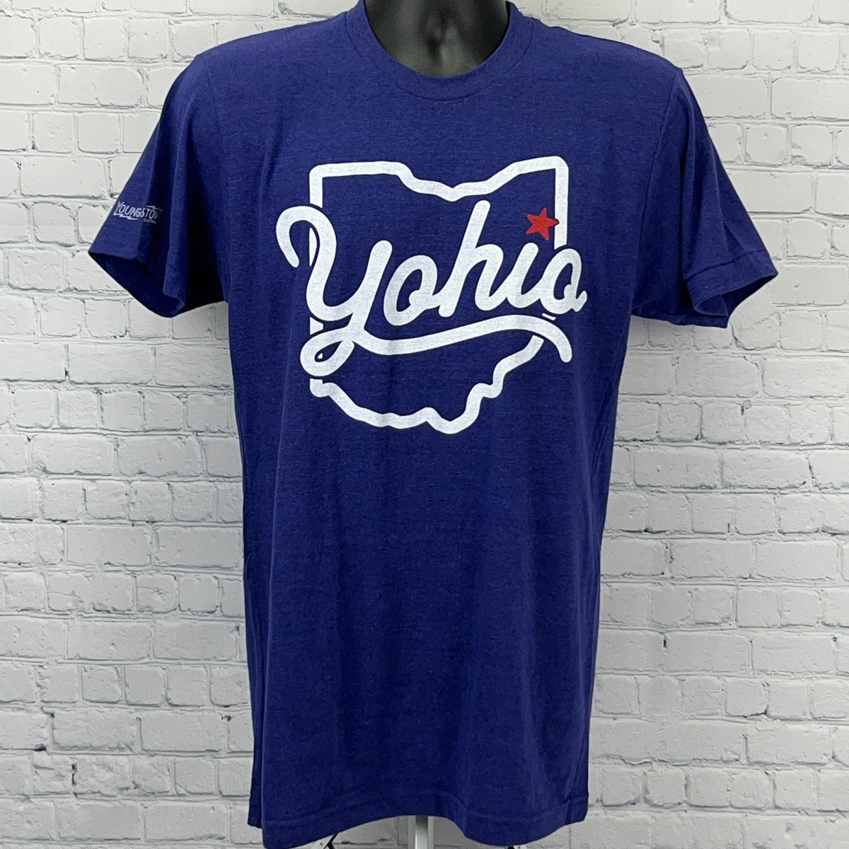 Navy blue Ohio graphic t-shirt with a large white logo and red star detail, front view