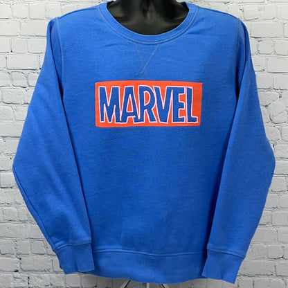 Blue Marvel sweatshirt featuring a large orange and white logo on the front, size XL view
