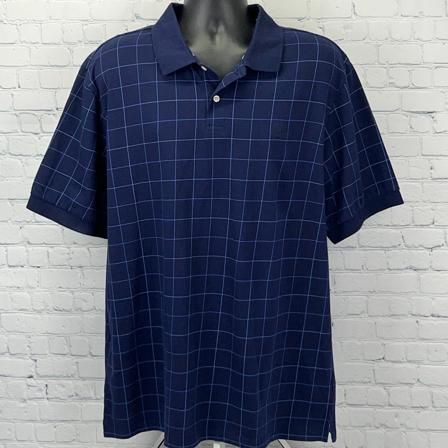 Chaps navy blue short-sleeve polo shirt with grid pattern and classic collar, front view