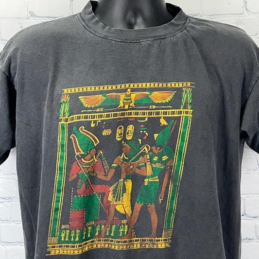 Vintage Egyptian T Shirt in black featuring colorful ancient Egyptian design on the front