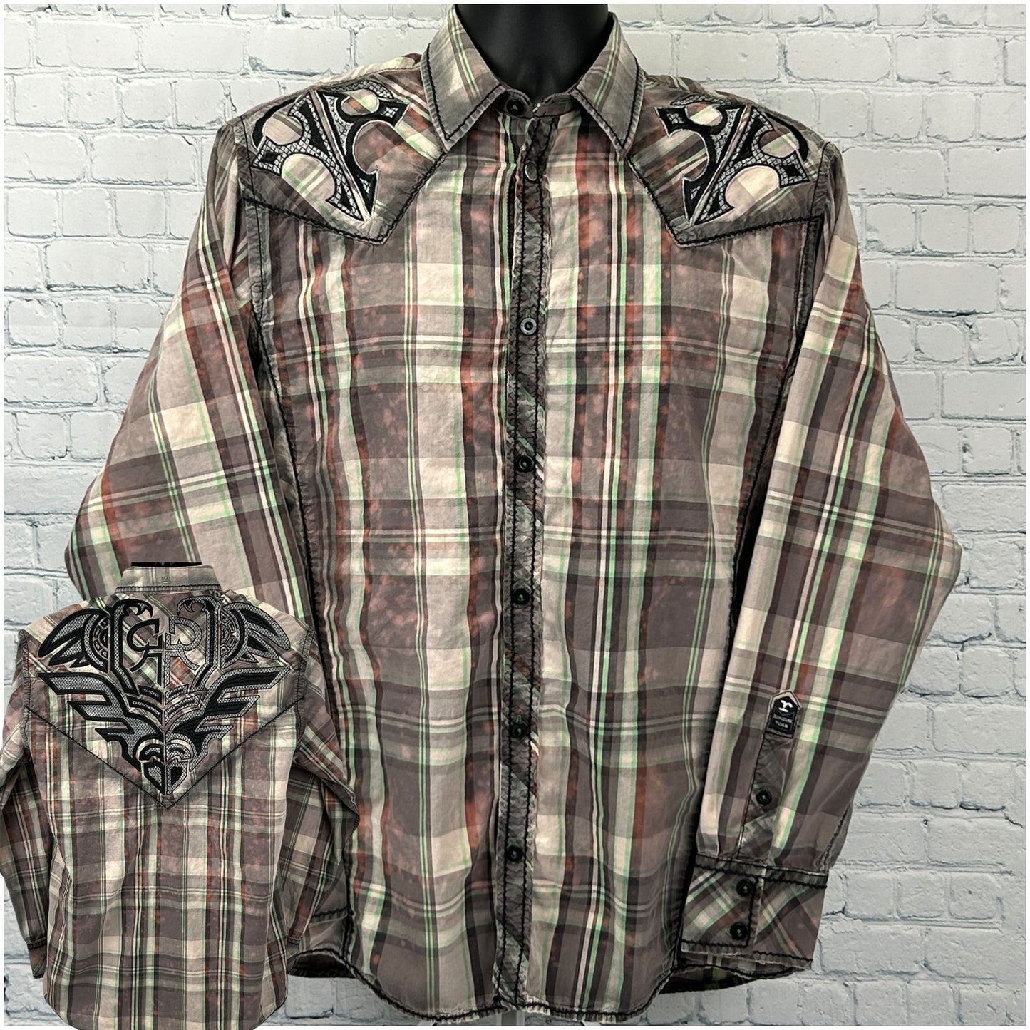 Roar Shirt in plaid design with unique embroidered details on shoulders, featuring front button closure