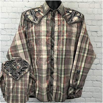Roar Shirt in plaid design with unique embroidered details on shoulders, featuring front button closure