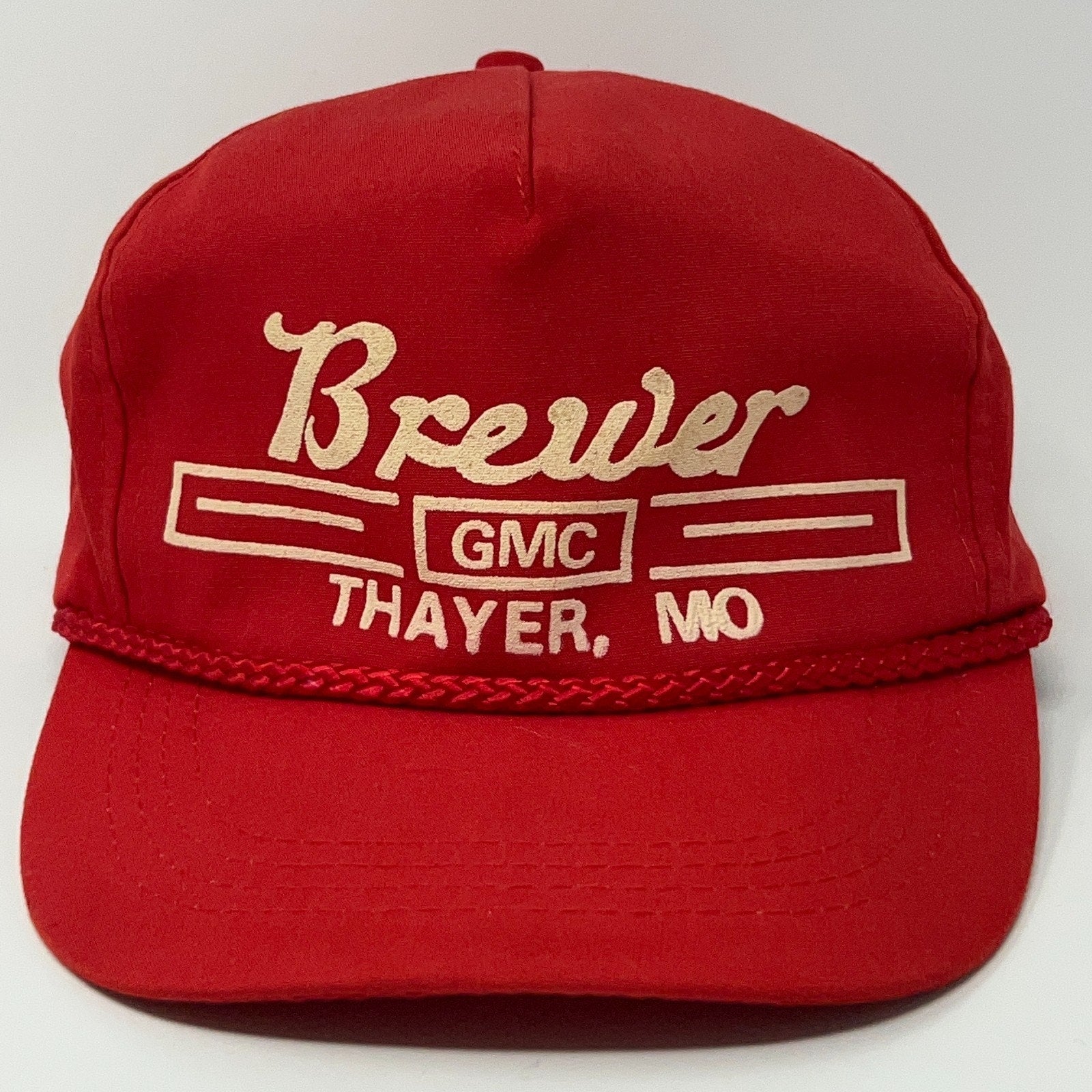 Red GMC Hat featuring Brewer logo and braided detail for a vintage sporty look