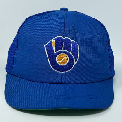 Front view of a blue Brewers Hat featuring a logo with a yellow and blue design