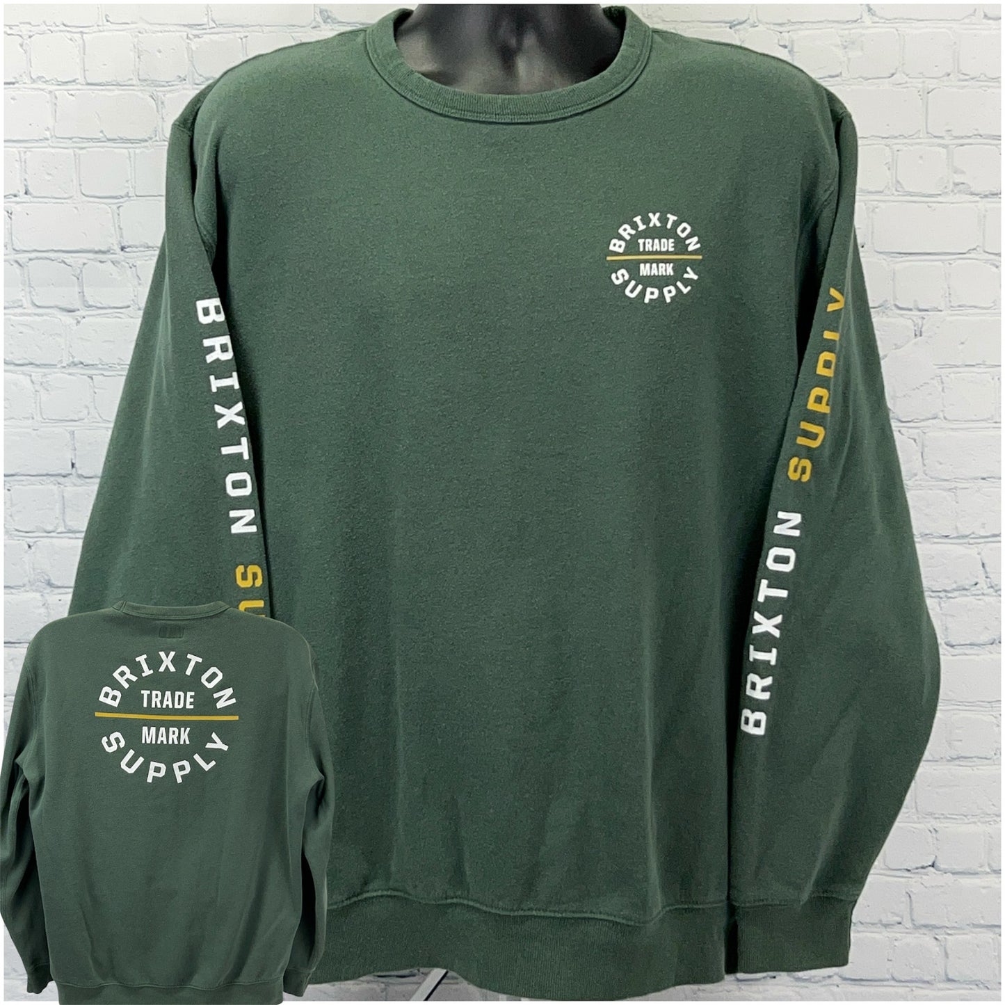 Brixton Green Sweatshirt with Logo on Front and Sleeve, Size Large, Front View