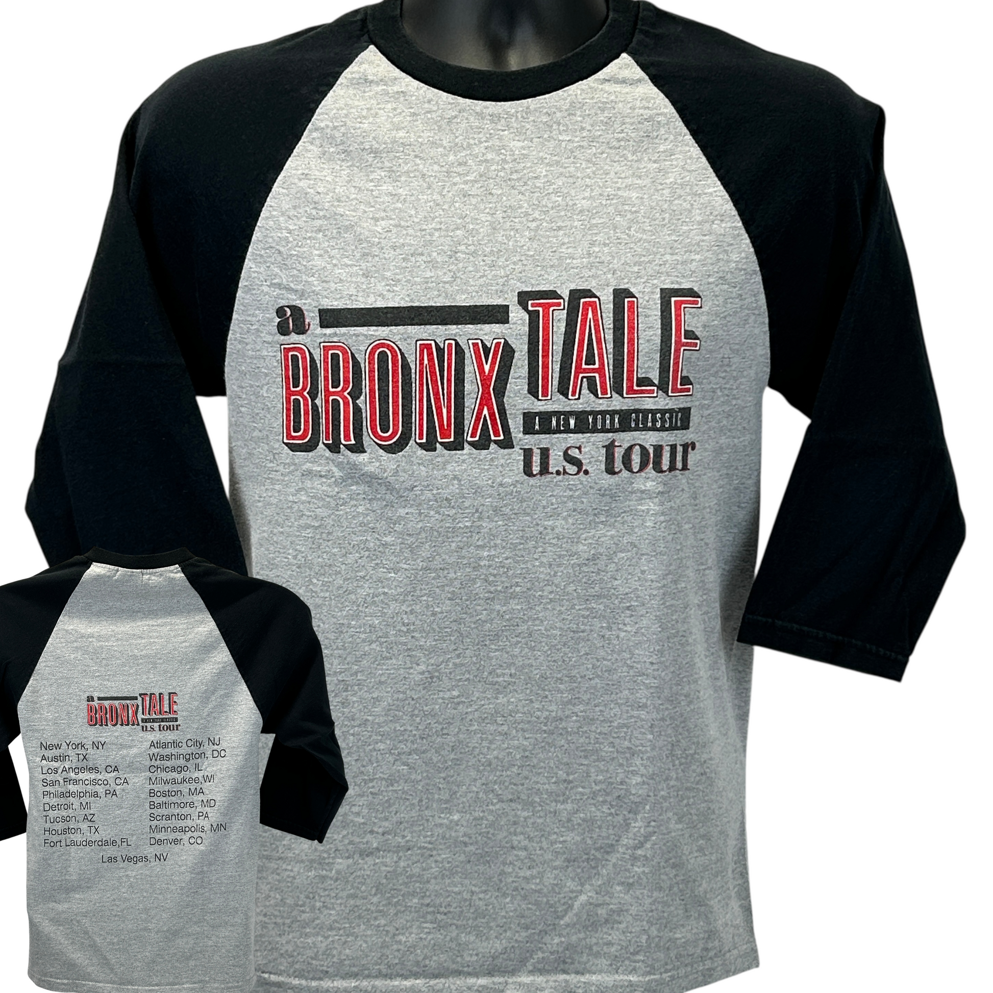 Anvil 3/4 Sleeve T-Shirt in Gray and Black featuring 'A Bronx Tale' U.S. Tour graphic on the front