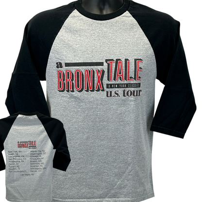 Anvil 3/4 Sleeve T-Shirt in Gray and Black featuring 'A Bronx Tale' U.S. Tour graphic on the front