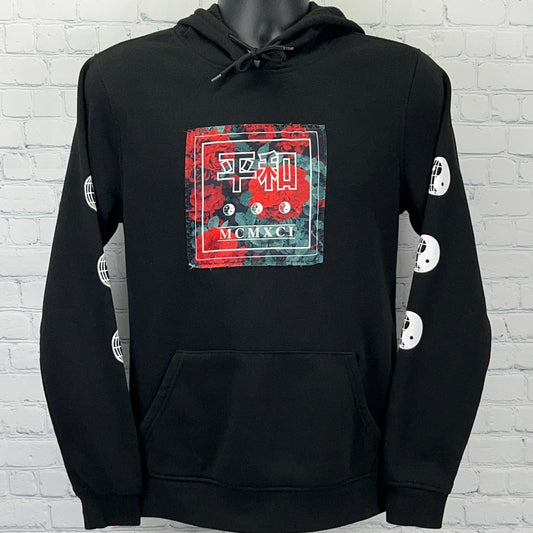 Brooklyn Cloth black hoodie in size small with bold graphic print on front and sleeves