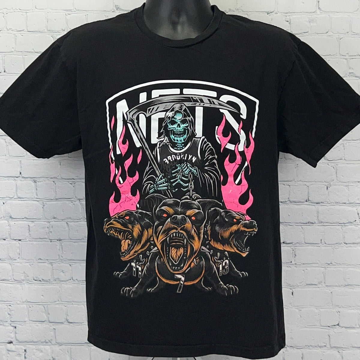Cotton Heritage Brooklyn Nets Graphic Tee in Black featuring a Grim Reaper and Three Dogs