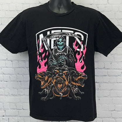 Cotton Heritage Brooklyn Nets Graphic Tee in Black featuring a Grim Reaper and Three Dogs