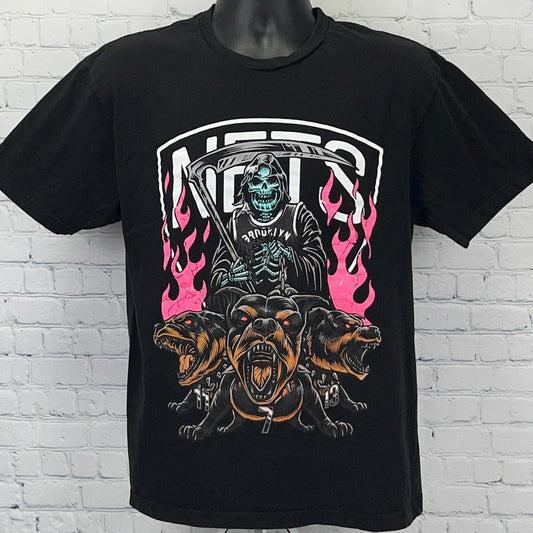 Cotton Heritage Brooklyn Nets Graphic Tee in Black featuring a Grim Reaper and Three Dogs