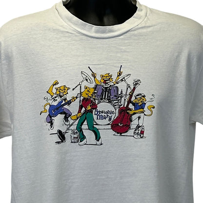 Vintage white T-shirt featuring a colorful Brownie Mary Band graphic on the front with musicians and instruments