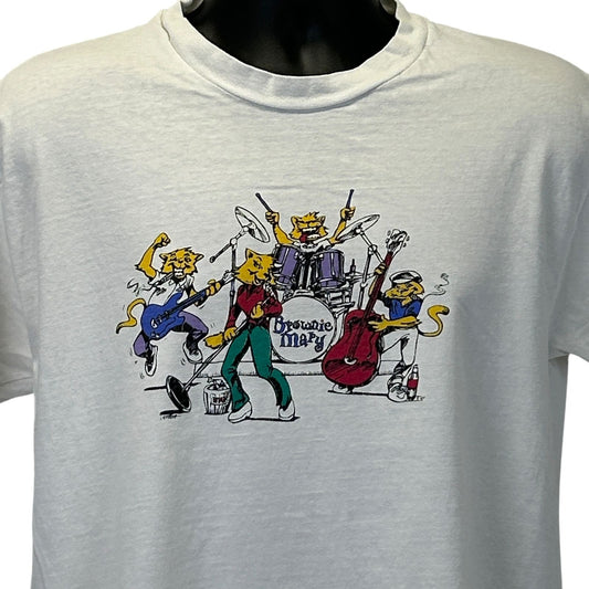 Vintage white T-shirt featuring a colorful Brownie Mary Band graphic on the front with musicians and instruments