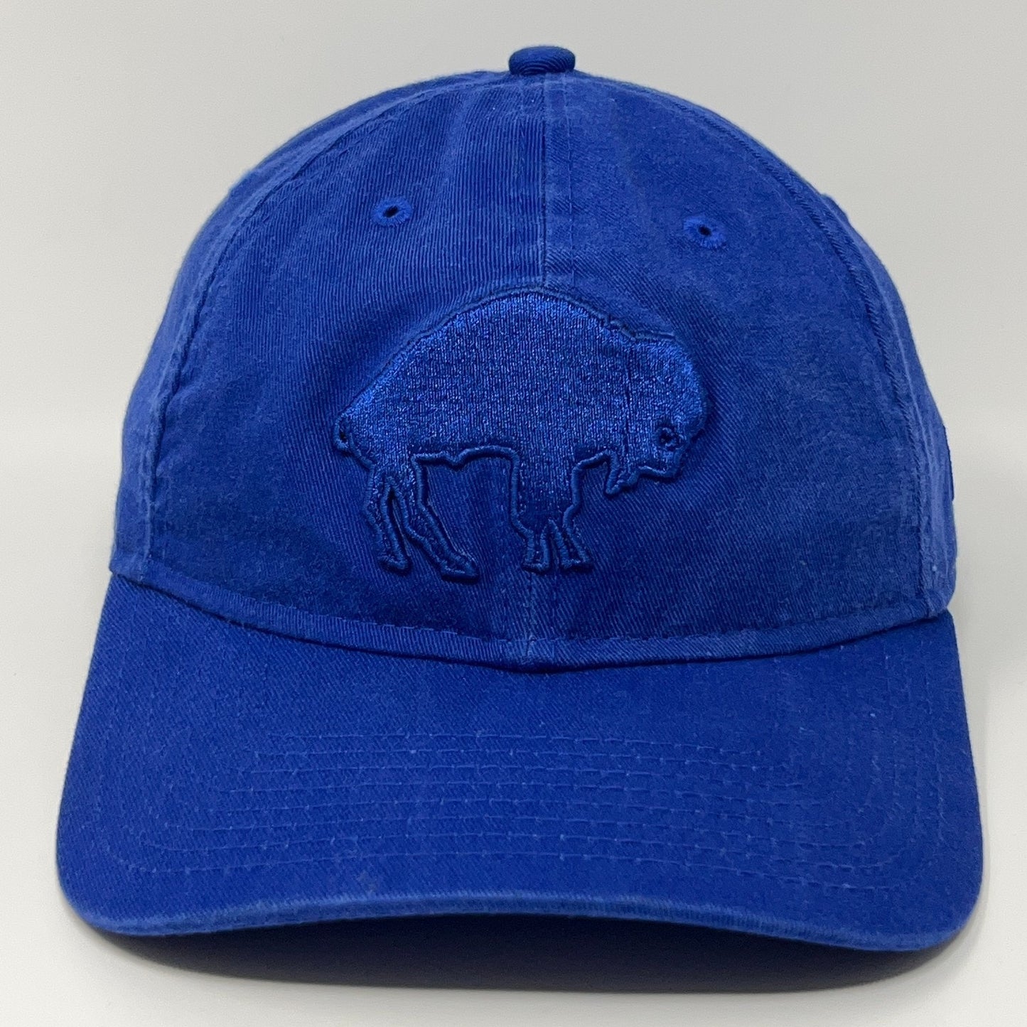 Front view of New Era blue Buffalo Bills cap featuring an embroidered bison logo.