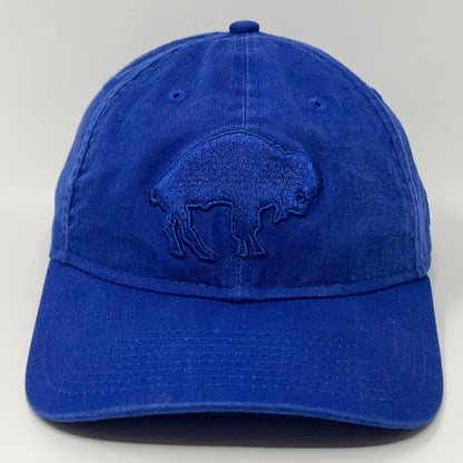 Front view of New Era blue Buffalo Bills cap featuring an embroidered bison logo.