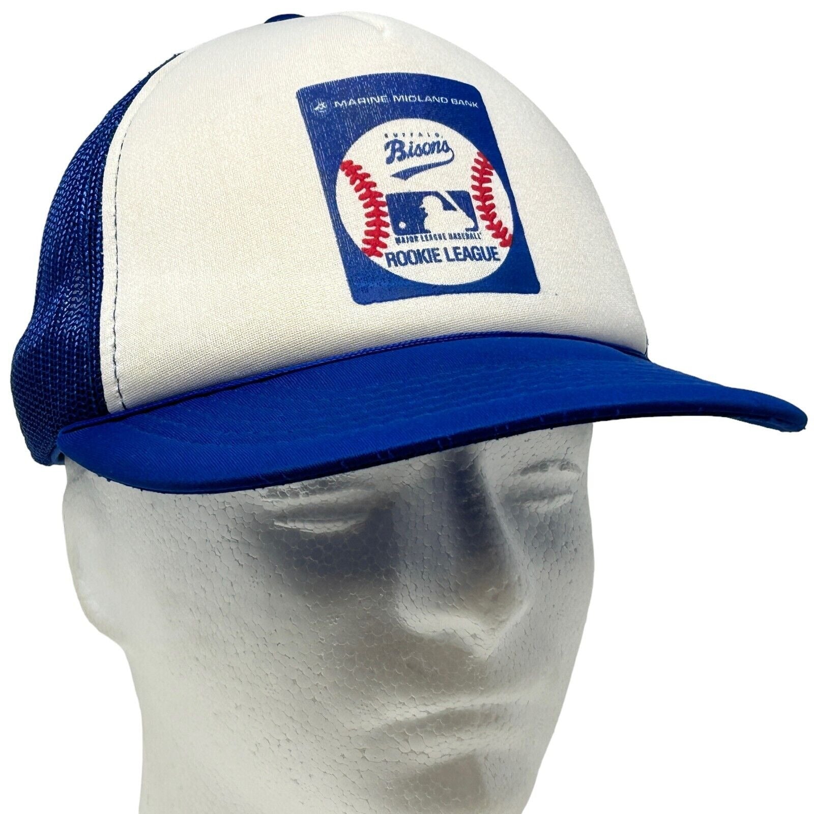 Blue and white Buffalo Bisons cap with a baseball logo on the front, featuring a mesh back for breathability