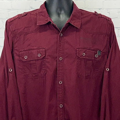 Maroon button-up shirt by i Jeans by Buffalo, featuring two front pockets and logo detail on the chest