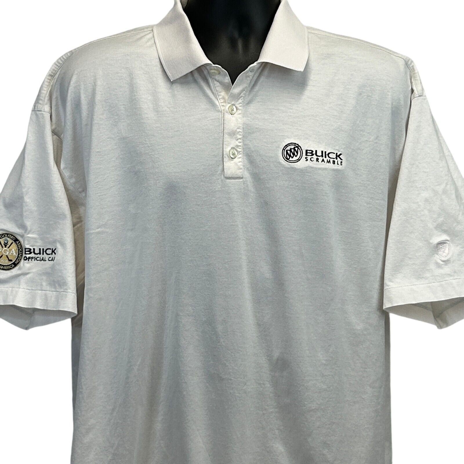 White Nike Golf polo shirt with Buick logo on the front and sleeve, front view, size medium