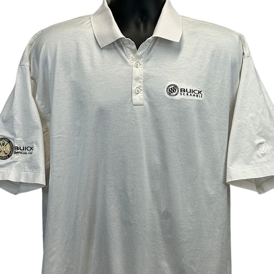 White Nike Golf polo shirt with Buick logo on the front and sleeve, front view, size medium