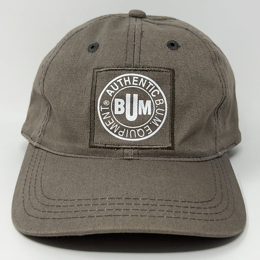 Front view of B.U.M. Equipment gray cap with logo patch and adjustable strap