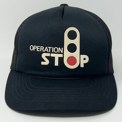 Black vintage cap featuring 'Operation Stop' graphic and Burlington Northern logo on the front