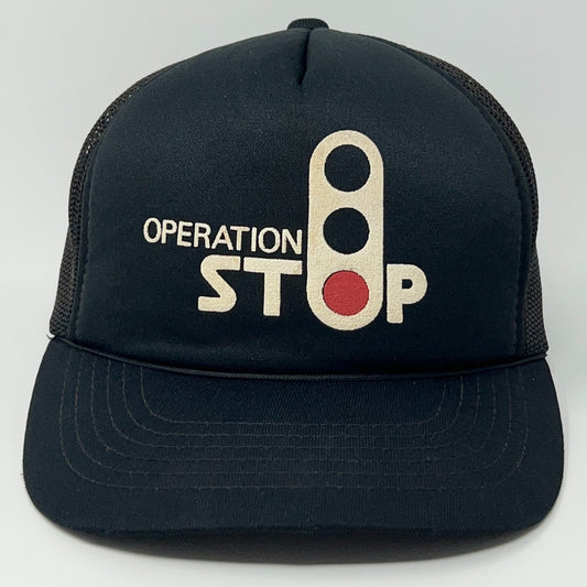 Black vintage cap featuring 'Operation Stop' graphic and Burlington Northern logo on the front