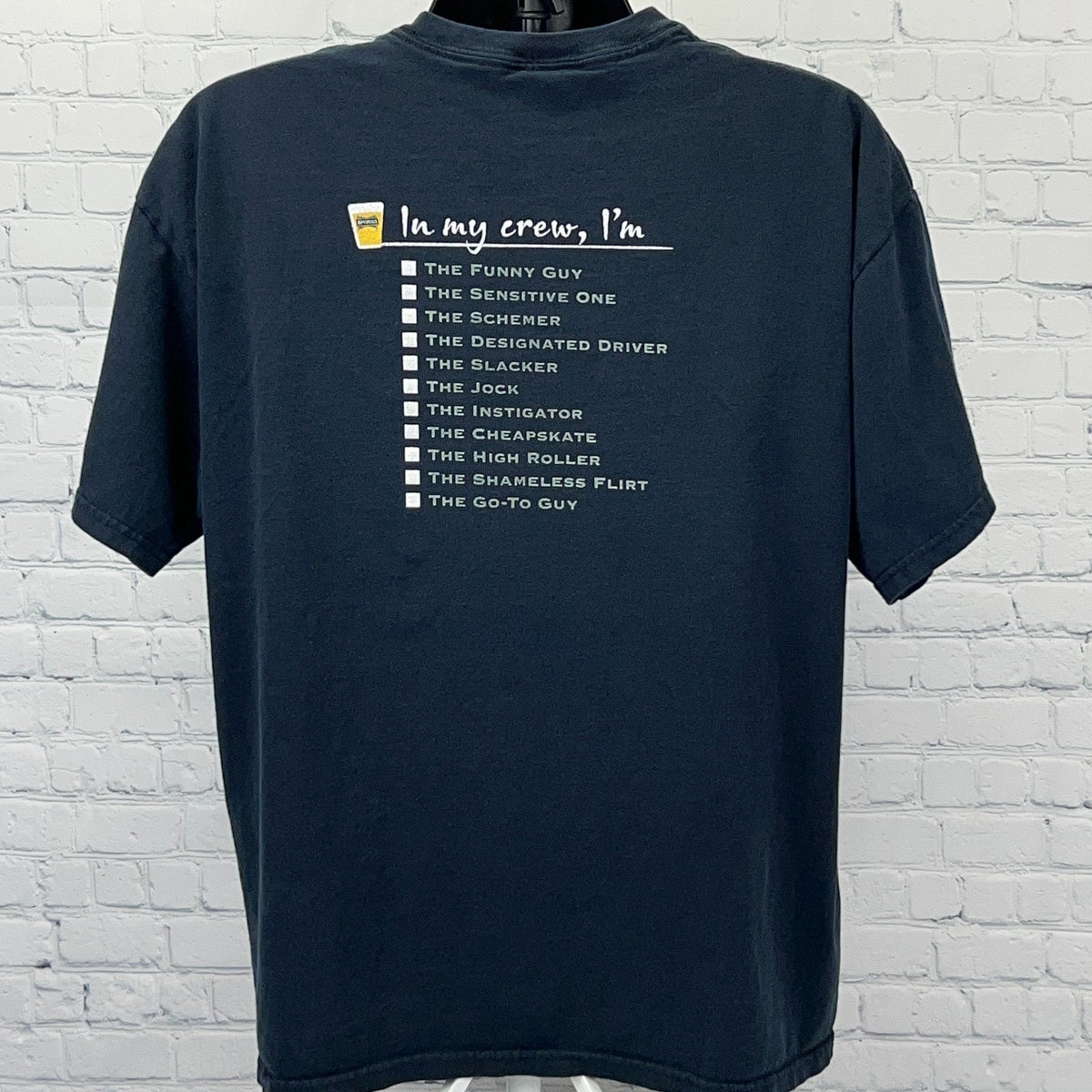 Bushmills Irish Whiskey Black Graphic T-Shirt featuring humorous crew member list