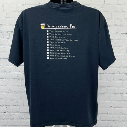 Bushmills Irish Whiskey Black Graphic T-Shirt featuring humorous crew member list