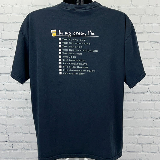 Bushmills Irish Whiskey Black Graphic T-Shirt featuring humorous crew member list