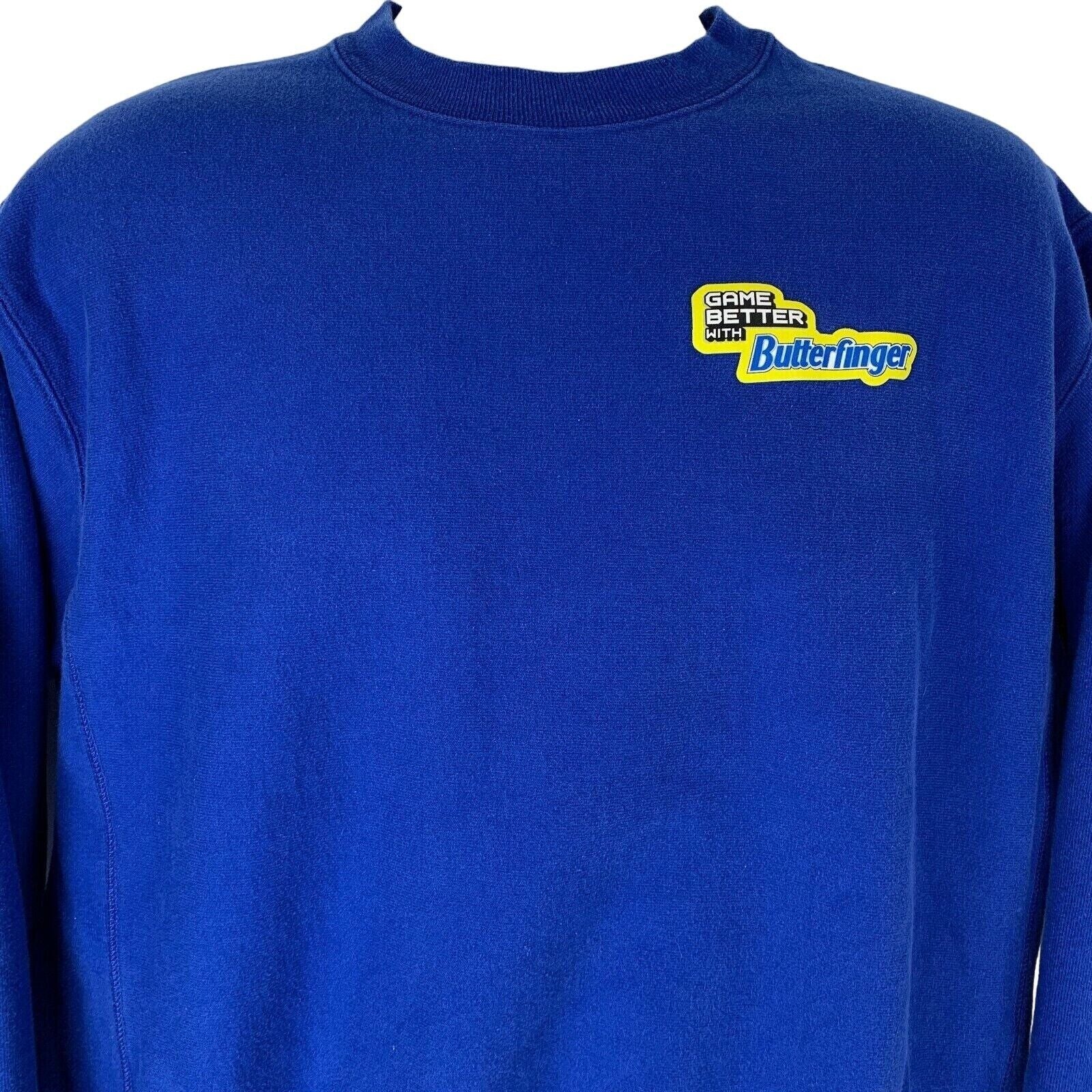 Blue Champion sweatshirt featuring Butterfinger logo with front view, perfect for casual wear.