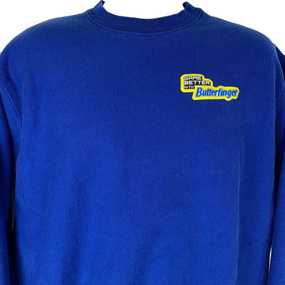 Blue Champion sweatshirt featuring Butterfinger logo with front view, perfect for casual wear.