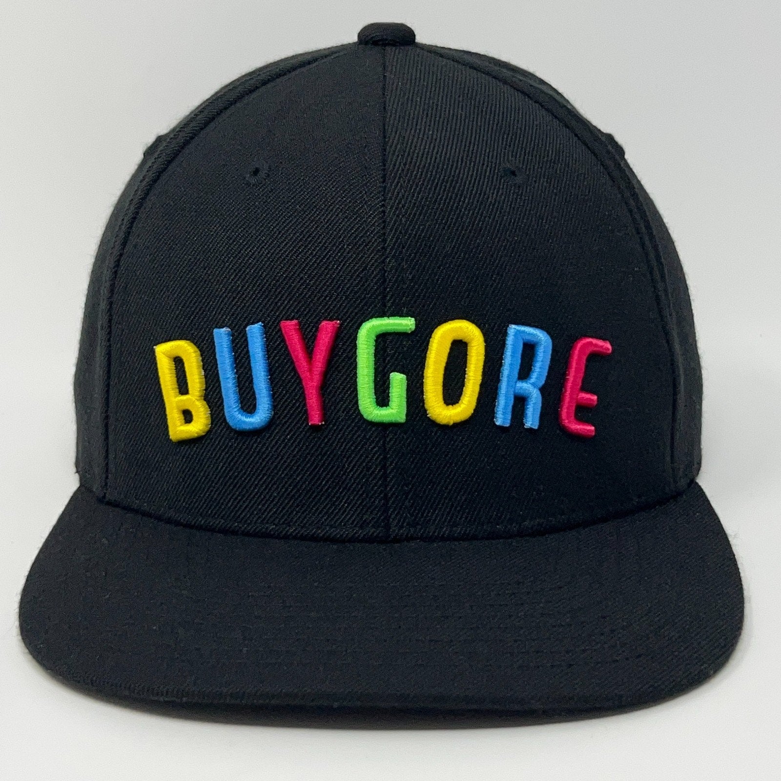 Black Buygore Records cap with multicolored embroidered letters on the front