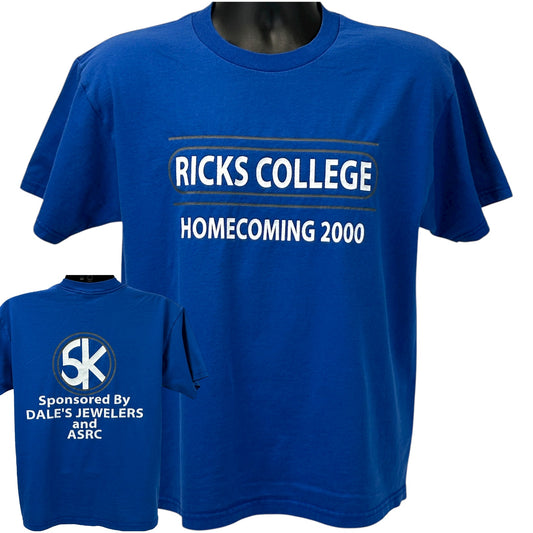 Fruit of the Loom blue BYU Idaho T-Shirt in size large, featuring Ricks College Homecoming 2000 logo on the front