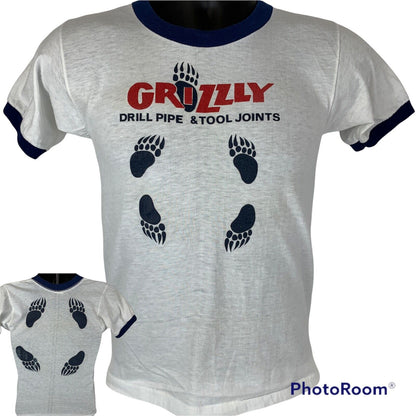Grizzly Tools Vintage 80s Ringer T Shirt XS Oilfield Drill Pipe Bear Tee
