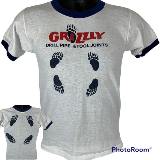 Camiseta con cuello redondo vintage de los años 80 de Grizzly Tools, camiseta con diseño de oso y tubos de perforación para yacimientos petrolíferos, talla XS