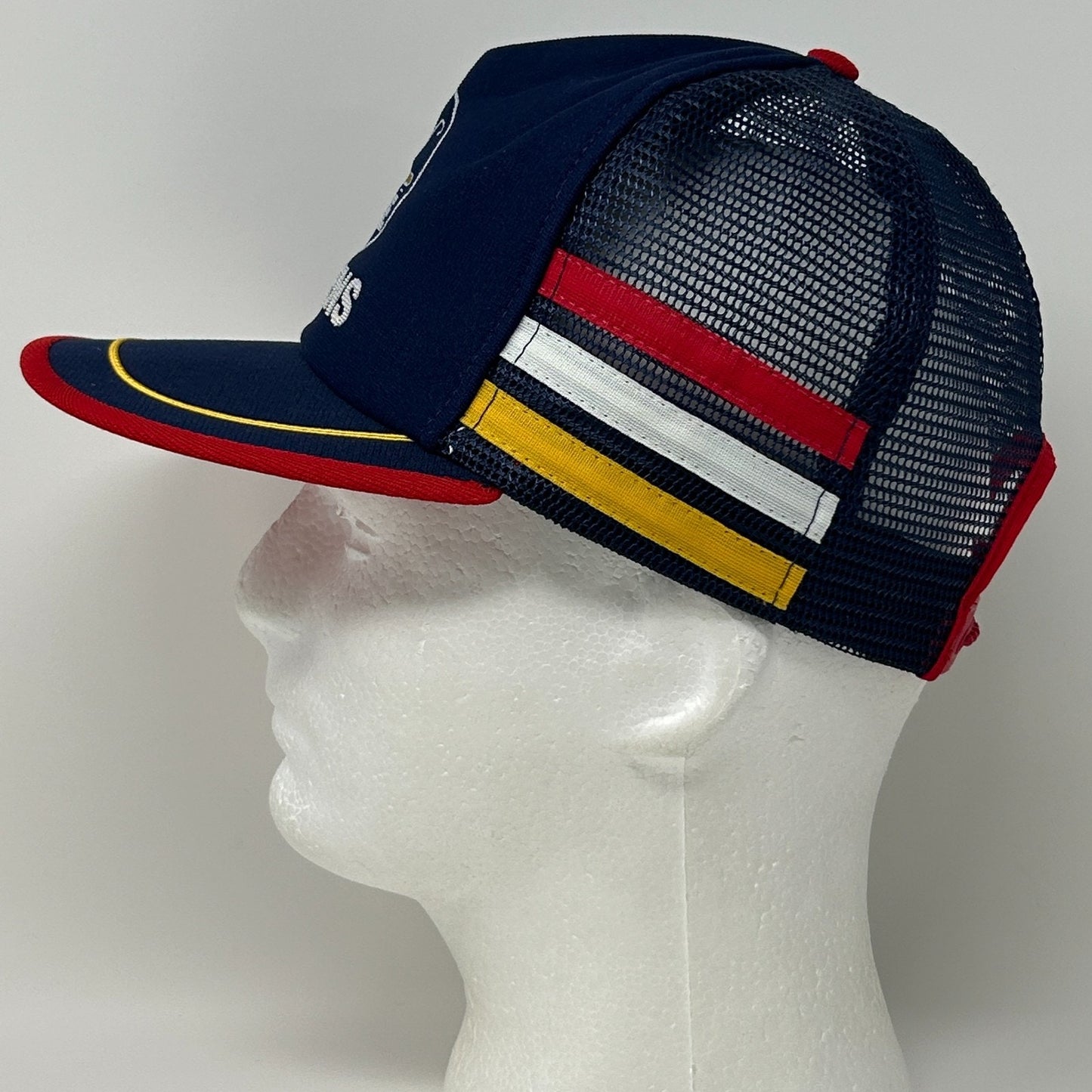 Vintage Siemens RFE 3 Stripe Trucker Hat Cap Blue 80s Mesh Snapback 5 Panel USA