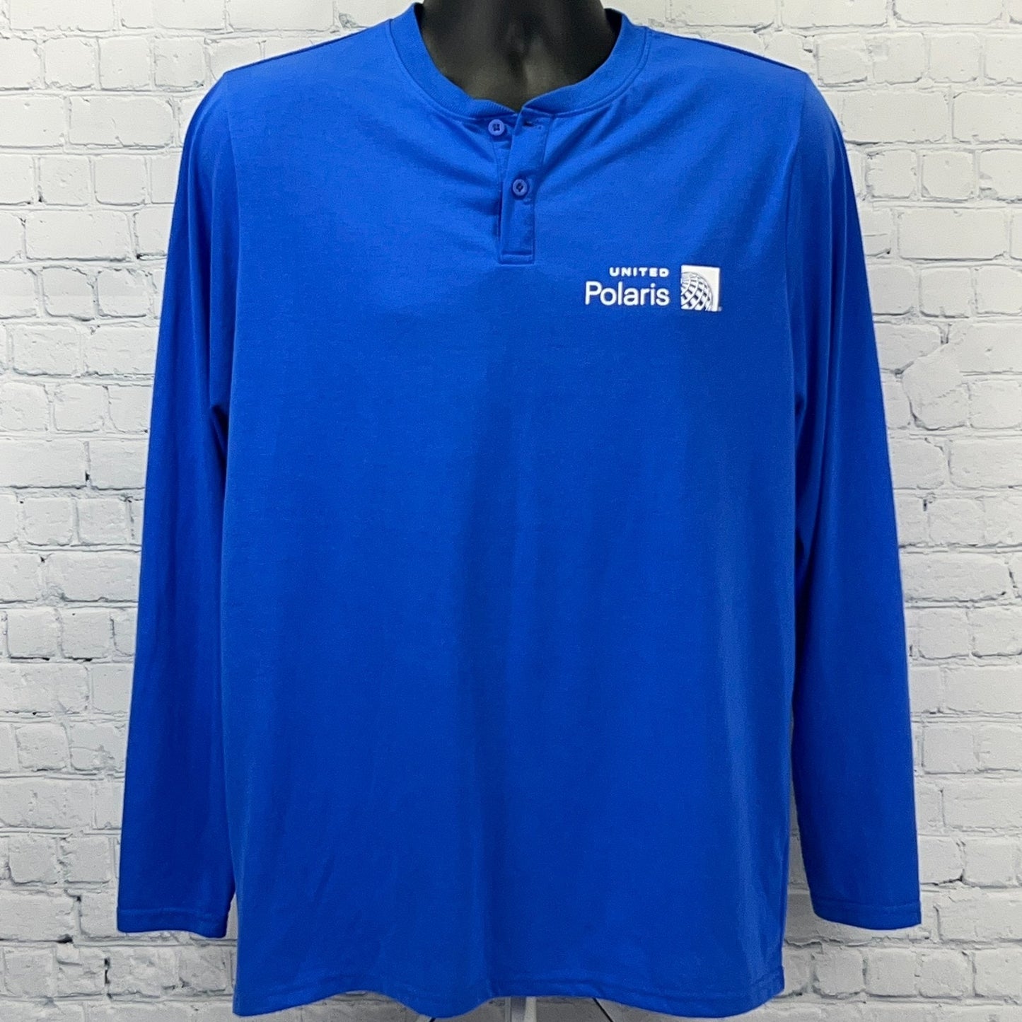 United Polaris Henley T Shirt Blue Aviation Airplane Long Sleeve Lounge M Medium
