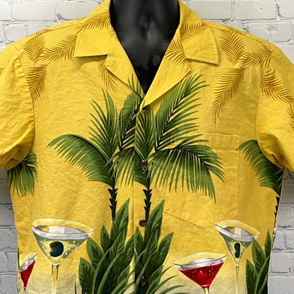 Vintage 90s Martini Cosmo Cocktails Hawaiian Button Front Shirt Yellow L Large