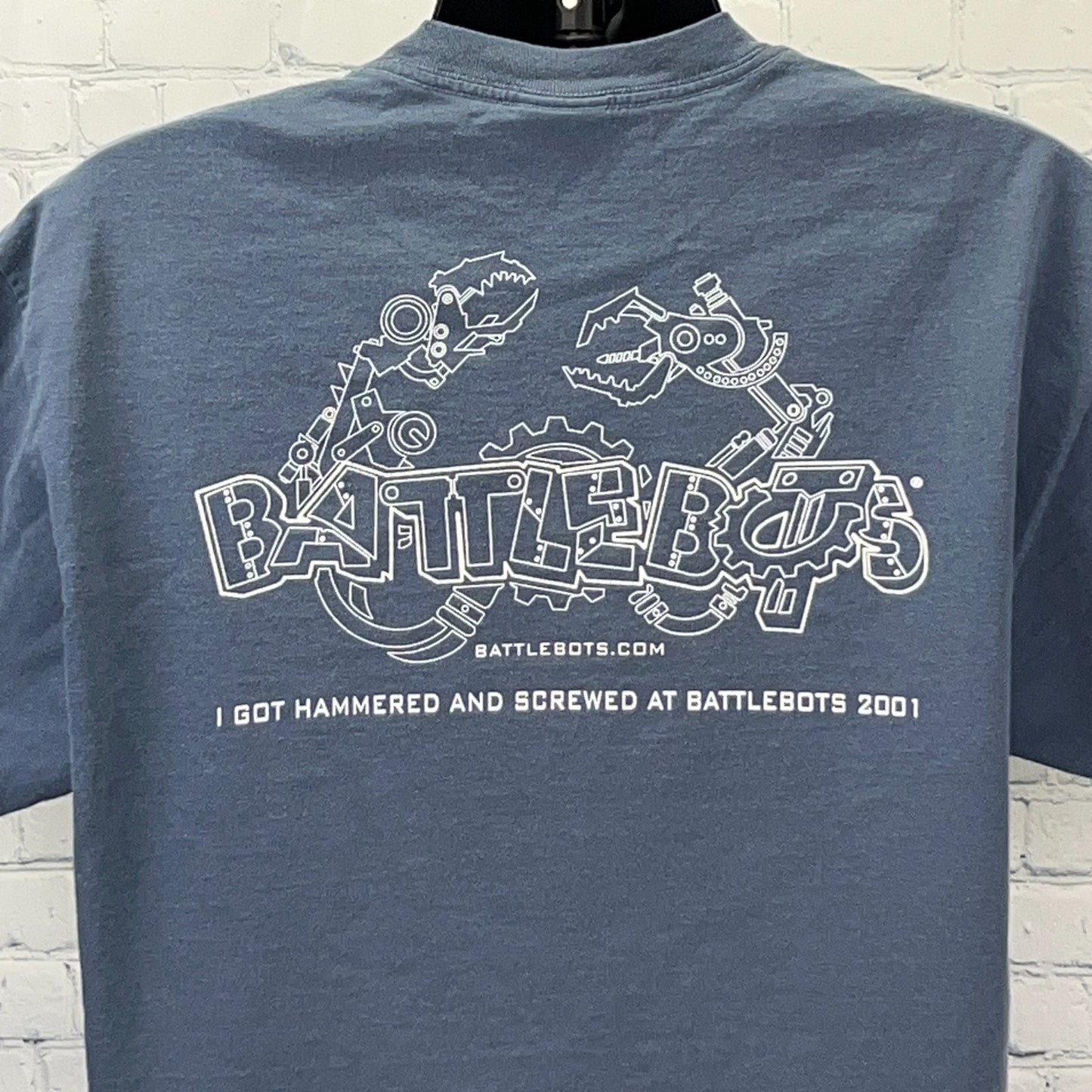 Vintage Battlebots 2001 Hammered Screwed T Shirt Treasure Island Blue L Large