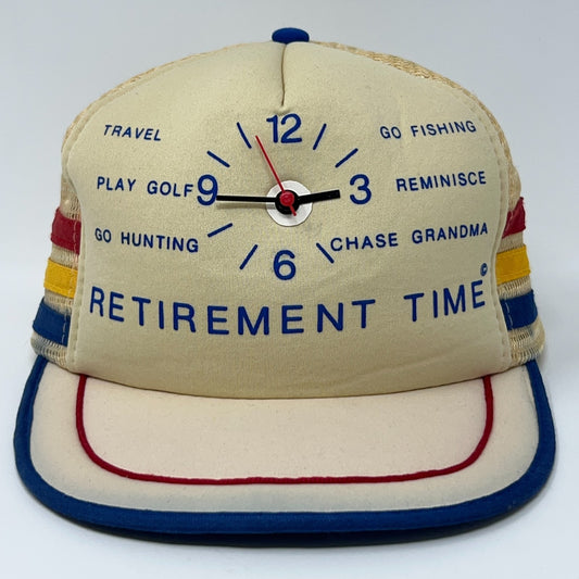 Vintage Retirement Time Clock Trucker Hat Baseball Cap 3 Stripe Snapback Beige