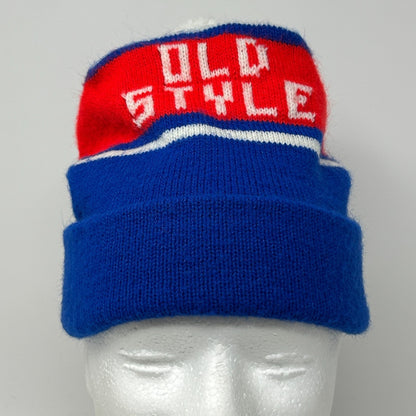 Vintage Old Style Beer Cuffed Pom Pom Beanie Toque Winter Hat Blue Breweriana