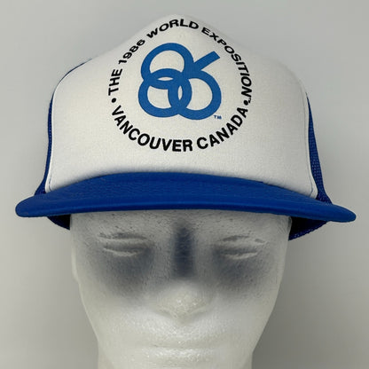 Vintage 1986 World Exposition Trucker Hat Baseball Cap Vancouver Snapback Blue