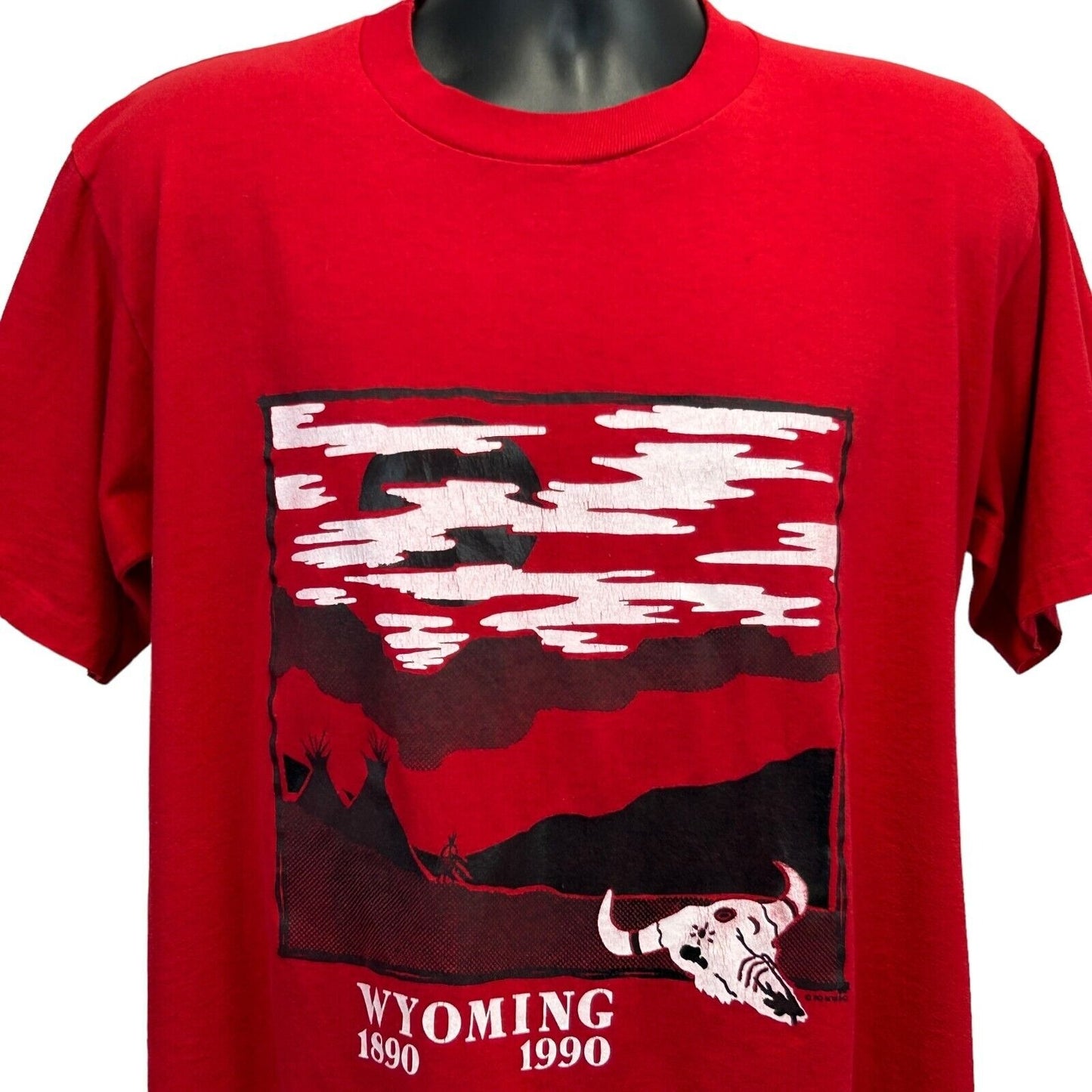 Vintage Wyoming T Shirt Large 90s 1890-1990 Centennial Made In USA Tee Mens Red