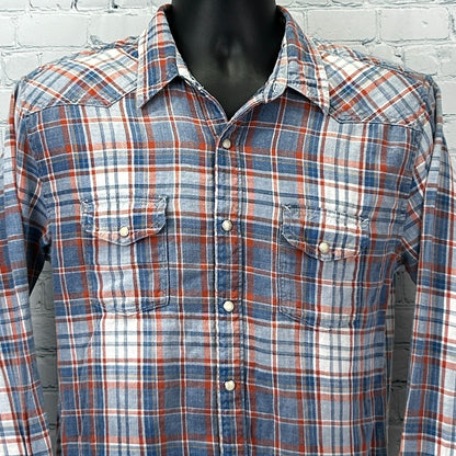 Lucky Brand Pearl Snap Button Front Shirt Plaid True Indigo Blue Mens M Medium