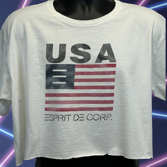 Vintage Esprit De Corp T Shirt Large 90s USA Flag Logo Crop Top Tee Mens White