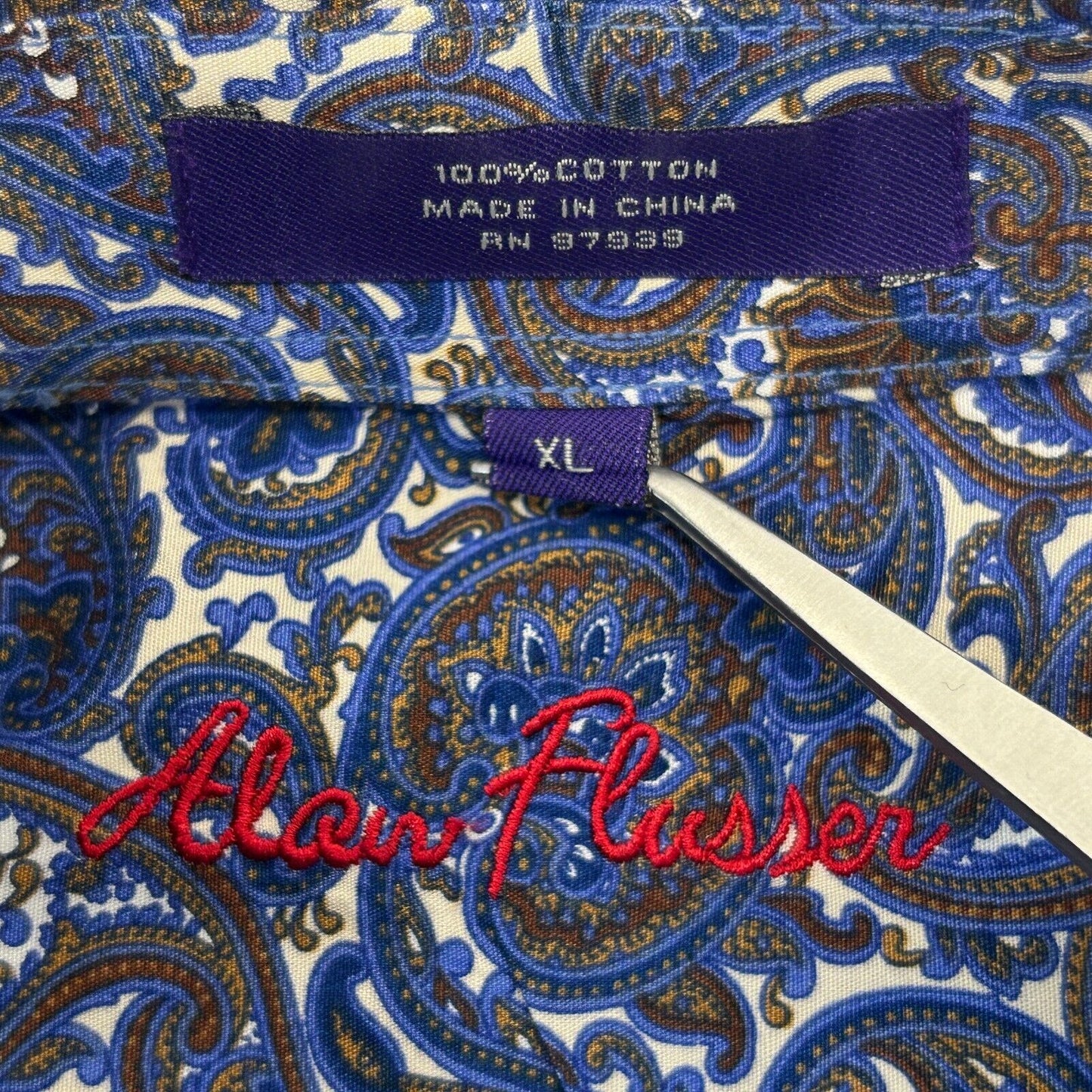 Alan Flusser Paisley Button Front Shirt Blue Long Sleeve Blue White Gold XL