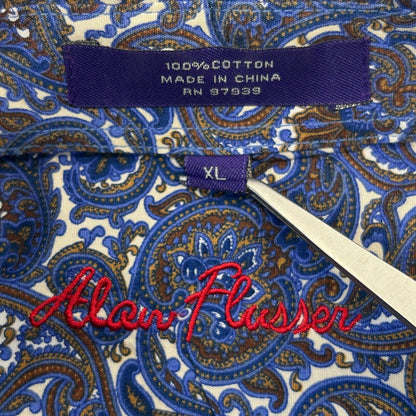 Alan Flusser Paisley Button Front Shirt Blue Long Sleeve Blue White Gold XL
