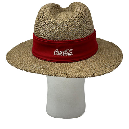 Coca Cola Vintage 90s Straw Panama Hat Beige Cowboy Western Coke Soda Pop Logo